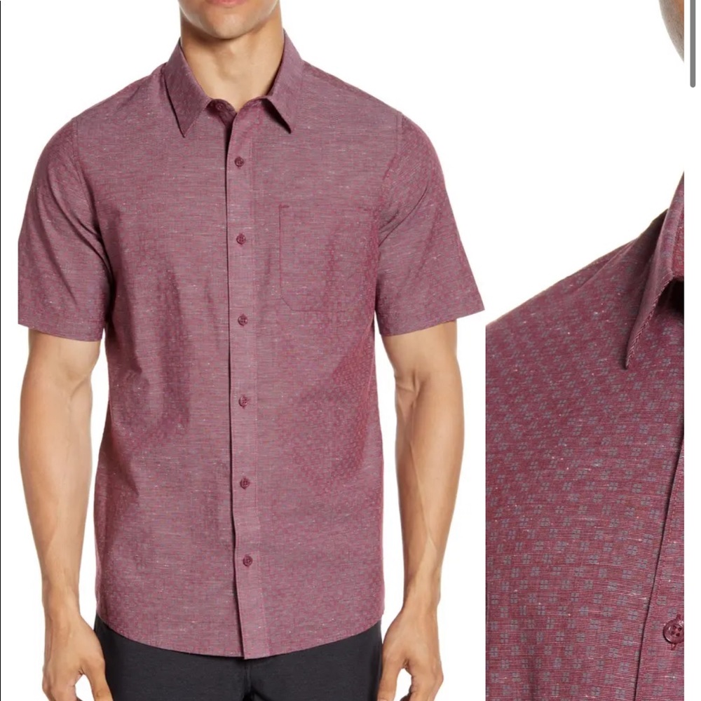 Travis Mathew 2XL Shirt Oswego Geo Print Short Sleeve Heather Tawny Port Red